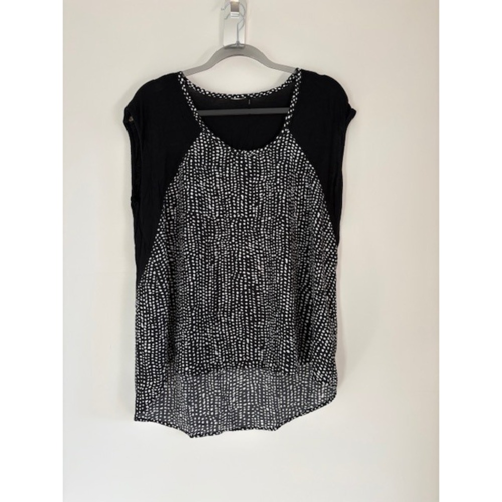 Anthropologie Cloth & Stone Black White Dotted High Low Mixed Media Top Medium